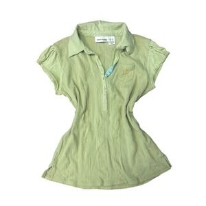 Y2K DKNY Jeans Petites Light Green Ribbed‎ Collared Short Sleeve Polo Shirt